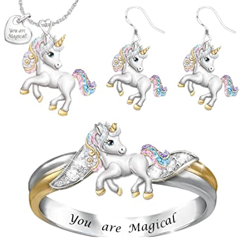 SCJJZ kette mädchen,einhorn geschenke für mädchen,schmuckset mädchen,einhörner geschenke mädchen,schmuck mädchen,Einhorn-Halsketten-Ohrring-Set, niedlicher Pony-Anhänger-Ring von SCJJZ