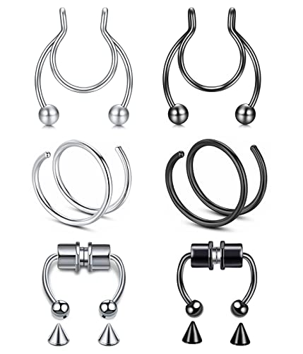 SCJJZ nasenpiercing,nasenring piercing,nasenpiercing ring,septum piercing,piercing nase,Magnetische Nasenringe, 6 Stück Damen- und Herrenschmuck (Silber, Schwarze Nasenringe) von SCJJZ