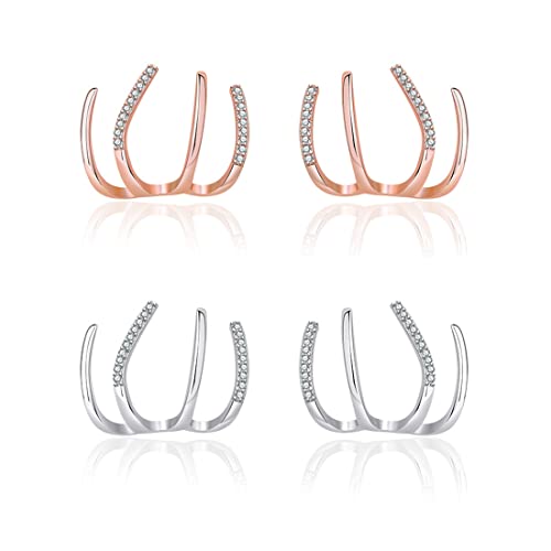 SCJJZ ohrringe damen,ohrstecker,ear cuff,Funkelnde Zirkonia-Ohrringe für Damen, Creolen mit vier Krappen, Damen (2 Paar: Roségold, Silber) von SCJJZ