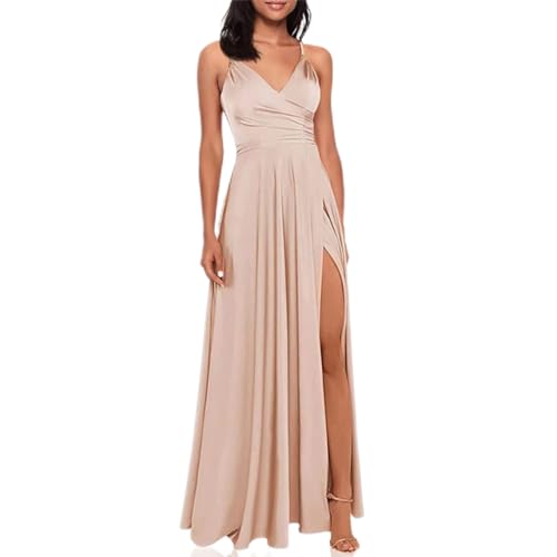 Abendkleid Ballkleider Lange Damen Elegant Prom Spaghetti Maxi Dress A-Linie Backless Satin Hochzeitskleid Brautkleid Prinzessin Kleider Brautjungfernkleider Galakleid (Champagner,M) von SCLEROPAGES