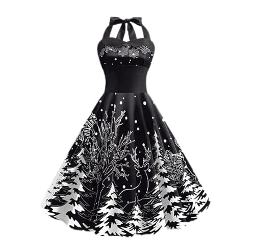 Damen 50s Vintage Retro Rockabilly Rot Ärmellos Weihnachtskleid Neckholder A-Linie Midi Kleid Cocktailkleid Elegant Swing Rock Partykleid (Muster-4,XL) von SCLEROPAGES