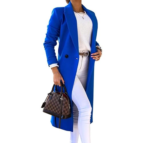 Damen Elegante Wollmantel Trenchcoat Langarm Lässige Mantel Reverskragen Erbsenmantel Herbst Warm Wintermantel Casual Lange Jacke mit Taschen (Blau,L) von SCLEROPAGES