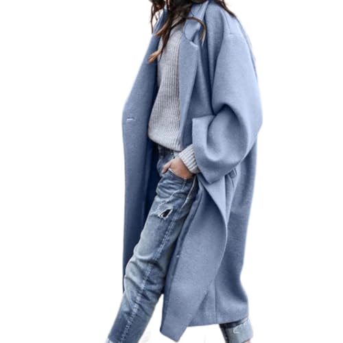 Damen Langarm Wollmantel Trenchcoat Lässige Mantel Reverskragen Erbsenmantel Herbst Warm Wintermantel Casual Lange Jacke mit Taschen (Blau,XL) von SCLEROPAGES