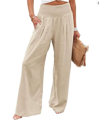 Leinenhose Damen Baumwolle Casual Leinen Leicht Freizeithose Yogahose Loose Strandhose Elastische Taille Sommerhose Mit Taschen Einfarbig Straight Weite Haremshose (Aprikose,M) von SCLEROPAGES