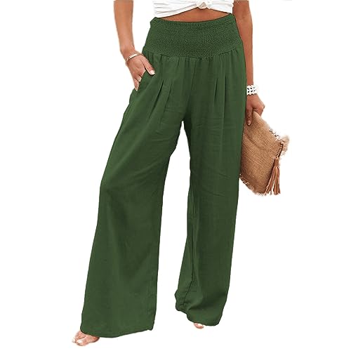 Leinenhose Damen Baumwolle Casual Leinen Leicht Freizeithose Yogahose Loose Strandhose Elastische Taille Sommerhose Mit Taschen Einfarbig Straight Weite Haremshose (Grün,3XL) von SCLEROPAGES