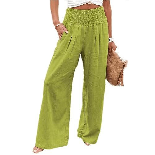 Leinenhose Damen Baumwolle Casual Leinen Leicht Freizeithose Yogahose Loose Strandhose Elastische Taille Sommerhose Mit Taschen Einfarbig Straight Weite Haremshose (Hellgrün,3XL) von SCLEROPAGES