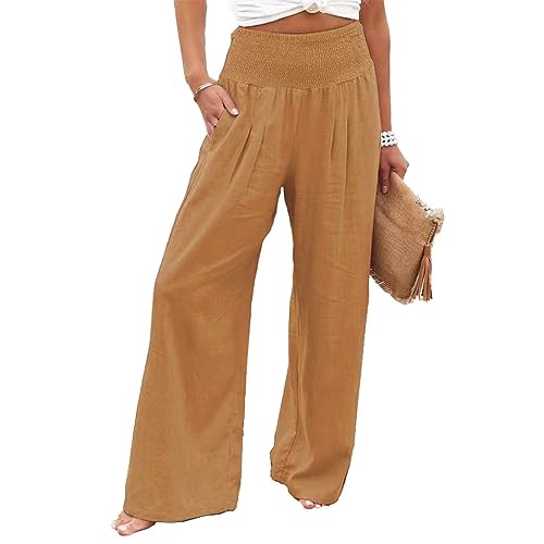 Leinenhose Damen Baumwolle Casual Leinen Leicht Freizeithose Yogahose Loose Strandhose Elastische Taille Sommerhose Mit Taschen Einfarbig Straight Weite Haremshose (Hellorange,M) von SCLEROPAGES