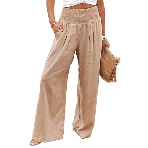 Leinenhose Damen Baumwolle Casual Leinen Leicht Freizeithose Yogahose Loose Strandhose Elastische Taille Sommerhose Mit Taschen Einfarbig Straight Weite Haremshose (Khaki,M) von SCLEROPAGES