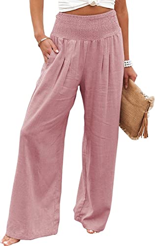 Leinenhose Damen Baumwolle Casual Leinen Leicht Freizeithose Yogahose Loose Strandhose Elastische Taille Sommerhose Mit Taschen Einfarbig Straight Weite Haremshose (Lederrosa,XL) von SCLEROPAGES