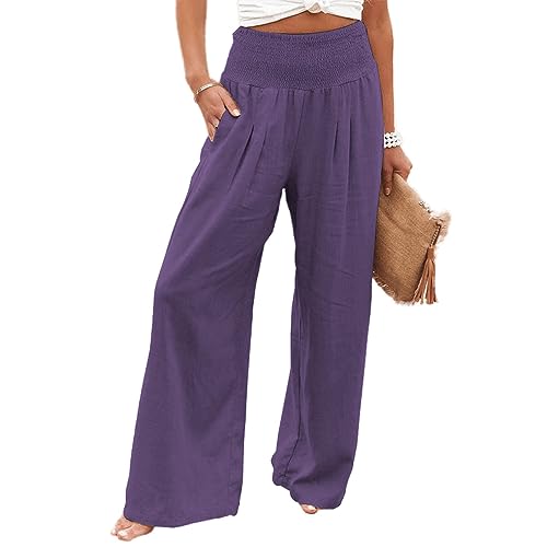 Leinenhose Damen Baumwolle Casual Leinen Leicht Freizeithose Yogahose Loose Strandhose Elastische Taille Sommerhose Mit Taschen Einfarbig Straight Weite Haremshose (Lila,L) von SCLEROPAGES