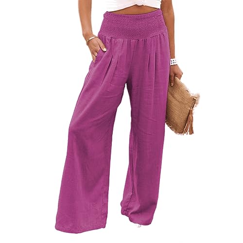 Leinenhose Damen Baumwolle Casual Leinen Leicht Freizeithose Yogahose Loose Strandhose Elastische Taille Sommerhose Mit Taschen Einfarbig Straight Weite Haremshose (Lila-rot,3XL) von SCLEROPAGES