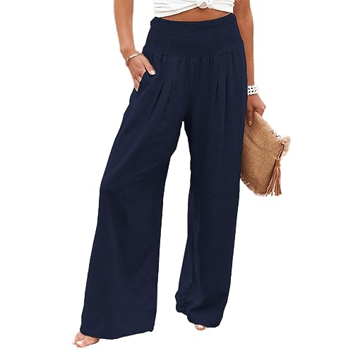 Leinenhose Damen Baumwolle Casual Leinen Leicht Freizeithose Yogahose Loose Strandhose Elastische Taille Sommerhose Mit Taschen Einfarbig Straight Weite Haremshose (Marineblau,L) von SCLEROPAGES