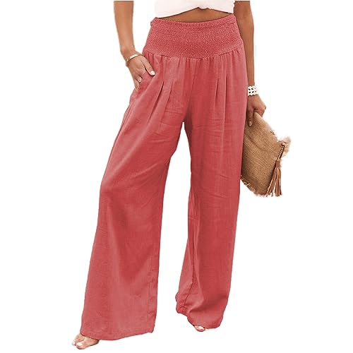 Leinenhose Damen Baumwolle Casual Leinen Leicht Freizeithose Yogahose Loose Strandhose Elastische Taille Sommerhose Mit Taschen Einfarbig Straight Weite Haremshose (Rot,M) von SCLEROPAGES