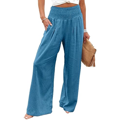 Leinenhose Damen Baumwolle Casual Leinen Leicht Freizeithose Yogahose Loose Strandhose Elastische Taille Sommerhose Mit Taschen Einfarbig Straight Weite Haremshose (Seeblau,M) von SCLEROPAGES