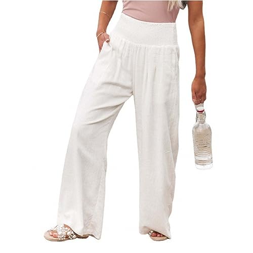 Leinenhose Damen Baumwolle Casual Leinen Leicht Freizeithose Yogahose Loose Strandhose Elastische Taille Sommerhose Mit Taschen Einfarbig Straight Weite Haremshose (Weiß,M) von SCLEROPAGES