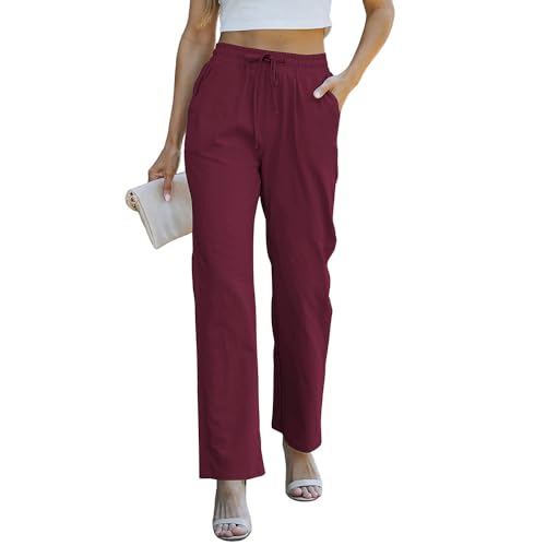 Leinenhose Damen Casual Leinen Leicht Freizeithose mit Taschen Baumwolle Loose Gerade Hose Kordelzug Taille Sommerhose Einfarbig Straight Weite Haremshose (Burgund-1,L) von SCLEROPAGES