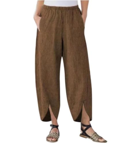 Leinenhose Damen Casual Leinen Leicht Freizeithose mit Taschen Gerade Loose Hose Kordelzug Sommerhose Taille Einfarbig Straight Weite Haremshose (Braun,M) von SCLEROPAGES