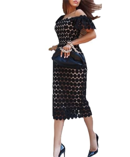 SCLEROPAGES Abendkleid Ballkleider Lace Damen Elegant Prom Midi Dress Backless Hochzeitskleid Brautkleid Prinzessin Kleider Galakleid Brautjungfernkleider (Black,M) von SCLEROPAGES