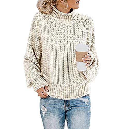 SCLEROPAGES Damen Casual Übergröße Strickpullover Rollkragenpulli Oberteile Winter Warm Stricken Sweater Tops Einfarbig Grobstrickpullover (Aprikose,XXL) von SCLEROPAGES