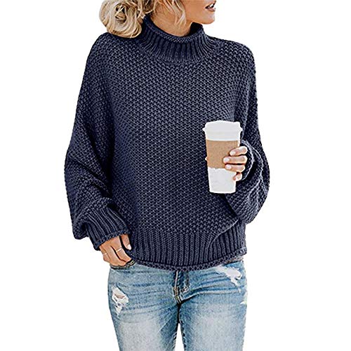 SCLEROPAGES Damen Casual Übergröße Strickpullover Rollkragenpulli Oberteile Winter Warm Stricken Sweater Tops Einfarbig Grobstrickpullover (Marineblau,3XL) von SCLEROPAGES