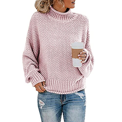 SCLEROPAGES Damen Casual Übergröße Strickpullover Rollkragenpulli Oberteile Winter Warm Stricken Sweater Tops Einfarbig Grobstrickpullover (Rosa,M) von SCLEROPAGES