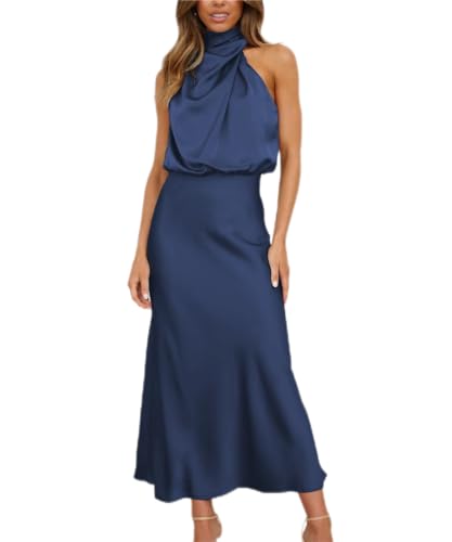 SCLEROPAGES Damen Elegant Ärmellos Maxi Abendkleid Satin Rollkragen Casual Cocktailkleid Freizeit Rüschensaum Maxikleid Weihnachtskleid Einfarbig Slim Partykleid (Dunkelblau,S) von SCLEROPAGES