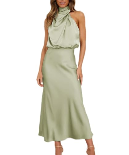 SCLEROPAGES Damen Elegant Ärmellos Maxi Abendkleid Satin Rollkragen Casual Cocktailkleid Freizeit Rüschensaum Maxikleid Weihnachtskleid Einfarbig Slim Partykleid (Hellgrün,M) von SCLEROPAGES