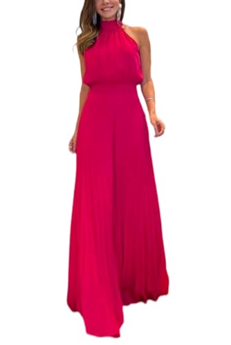 Damen Elegant Ärmellos Maxi Abendkleid Satin Rollkragen Casual Cocktailkleid Freizeit Rüschensaum Maxikleid Weihnachtskleid Einfarbig Slim Partykleid (Rot,L) von SCLEROPAGES