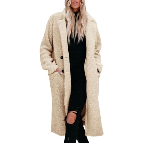 SCLEROPAGES Damen Elegante Langarm Trenchcoat Dick Warm Wintermantel Lässige Plüschmantel Reverskragen Casual Mantel Lange Jacke mit Taschen (Beige,M) von SCLEROPAGES