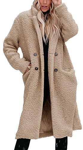 SCLEROPAGES Damen Elegante Langarm Trenchcoat Dick Warm Wintermantel Lässige Plüschmantel Reverskragen Casual Mantel Lange Jacke mit Taschen (Khaki,L) von SCLEROPAGES