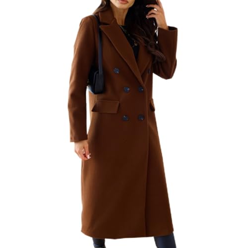 SCLEROPAGES Damen Elegante Wollmantel Trenchcoat Langarm Lässige Mantel Reverskragen Erbsenmantel Herbst Warm Casual Wintermantel Lange Jacke mit Taschen (Braun,L) von SCLEROPAGES