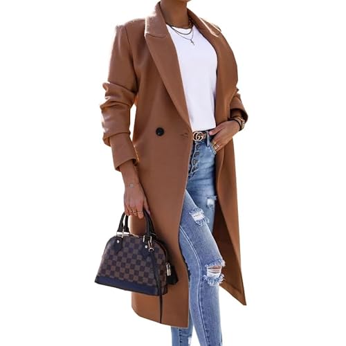 SCLEROPAGES Damen Elegante Wollmantel Trenchcoat Langarm Lässige Mantel Reverskragen Erbsenmantel Herbst Warm Wintermantel Casual Lange Jacke mit Taschen (Dunkelbraun,L) von SCLEROPAGES