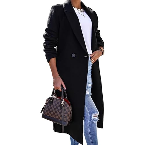 SCLEROPAGES Damen Elegante Wollmantel Trenchcoat Langarm Lässige Mantel Reverskragen Erbsenmantel Herbst Warm Wintermantel Casual Lange Jacke mit Taschen (Schwarz,XL) von SCLEROPAGES