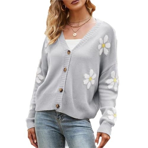 SCLEROPAGES Damen Langarm Lose Gestrickt Cardigan Einfarbig Knopfverschluss Lässige Kurze Strickmantel Leichte Weiche Herbst Winter Blume Casual Strickjacke (Grau,M) von SCLEROPAGES