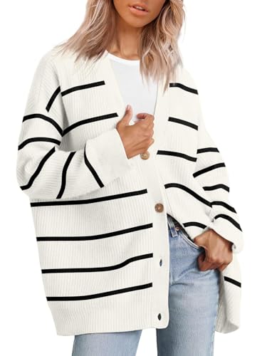 SCLEROPAGES Damen Langarm Lose Gestrickt Cardigan Einfarbig Strickmantel Lässige Taste Kurze Strickmantel Leichte Weiche Vorne Offen Herbst Winter Casual Strickjacke (S,Streifen-1) von SCLEROPAGES