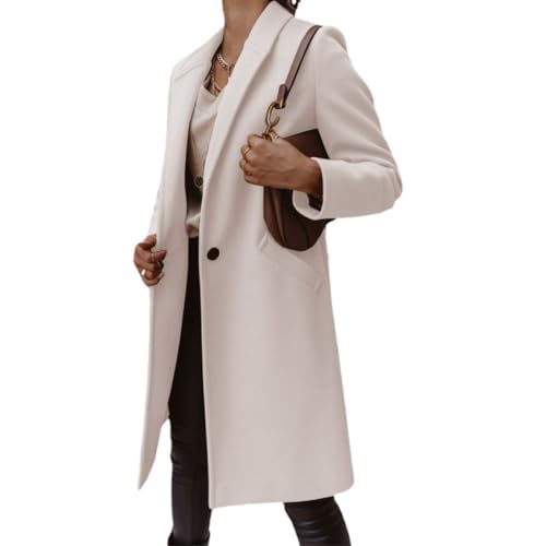 SCLEROPAGES Damen Langarm Trenchcoat Elegante Wollmantel Knöpfe Mantel Erbsenmantel Lässige Anzugkragen Jacke Parka Lange Pea Coats Casual Warm Wintermantel mit Taschen (Beige,3XL) von SCLEROPAGES