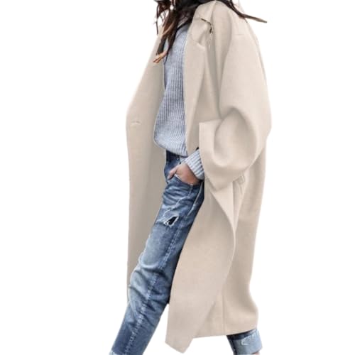 SCLEROPAGES Damen Langarm Wollmantel Trenchcoat Lässige Mantel Reverskragen Erbsenmantel Herbst Warm Wintermantel Casual Lange Jacke mit Taschen (Cremefarben,M) von SCLEROPAGES