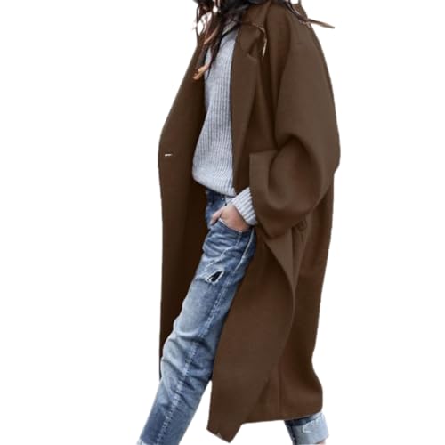 SCLEROPAGES Damen Langarm Wollmantel Trenchcoat Lässige Mantel Reverskragen Erbsenmantel Herbst Warm Wintermantel Casual Lange Jacke mit Taschen (Dunkelbraun,XL) von SCLEROPAGES