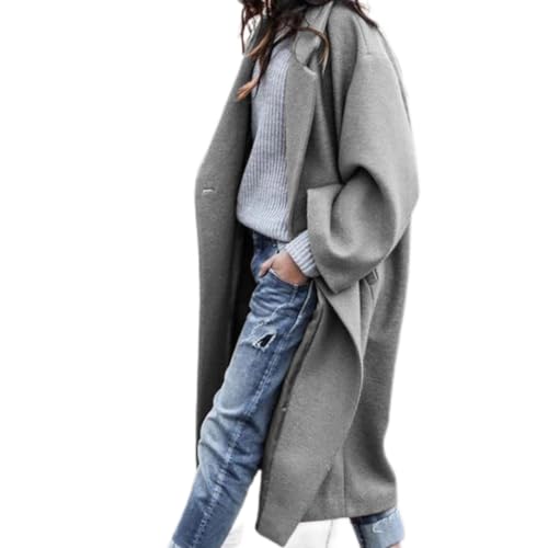 SCLEROPAGES Damen Langarm Wollmantel Trenchcoat Lässige Mantel Reverskragen Erbsenmantel Herbst Warm Wintermantel Casual Lange Jacke mit Taschen (Grau,S) von SCLEROPAGES