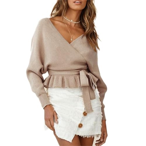 SCLEROPAGES Damen V-Ausschnitt Kurzer Pullover Casual Stricken Pulli Oberteile Lange Ärmel Rüschen Strickpullover Oversized Sweater Tops Winter Warm Knitted Sweatshirt (Khaki,XXL) von SCLEROPAGES