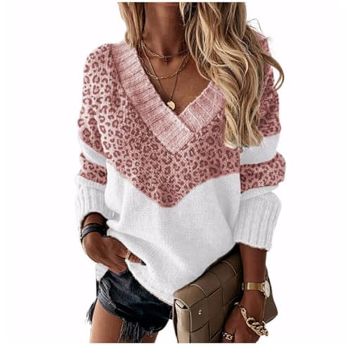 SCLEROPAGES Winter Lose Strickpullover Langarm Knitted Sweater Tops Damen Stricken Lange Ärmel Casual Pullover V-Ausschnitt Strickpullover Übergröße Streetwear (Rosa,XXL) von SCLEROPAGES