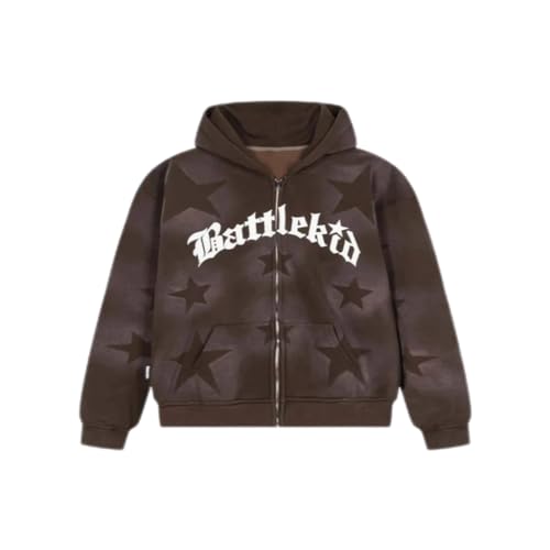 SCLEROPAGES Y2K Jacke Oversized Zip Up Hoodies Vintage Übergangsjacke Reißverschluss Mantel 90er E-Girl Kapuzenjacke Gedruckter Brief Unisex Harajuku Gothic Streetwear (Braun,S) von SCLEROPAGES