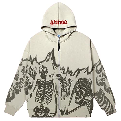 SCLEROPAGES Y2K Jacke Zip Up Hoodies Oversized Kapuzenjacke Vintage Kapuzenpullover Sweatshirt Mantel Reißverschluss 90er E-Girl Top Gothic Streetwear (Cremeweiß,XL) von SCLEROPAGES