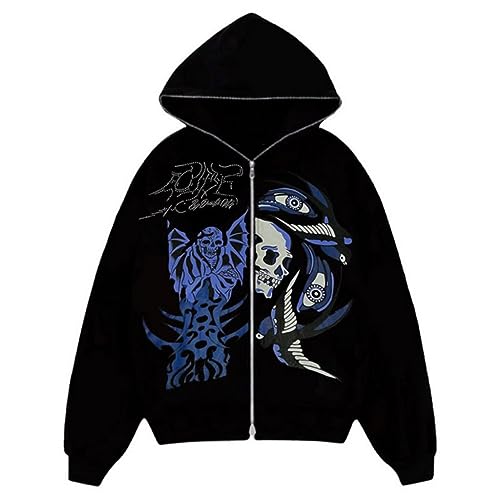 SCLEROPAGES Y2K Jacke Zip Up Hoodies Oversized Kapuzenjacke Vintage Kapuzenpullover Sweatshirt Mantel Reißverschluss 90er E-Girl Top Gothic Streetwear (Schwarz-7,XL) von SCLEROPAGES