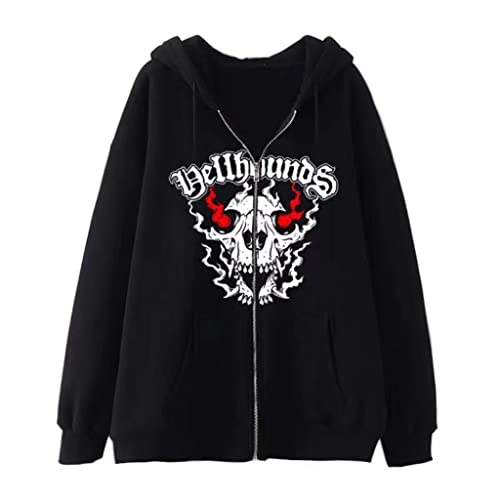 SCLEROPAGES Zip Up Jacke Y2K Hoodies Vintage Übergangsjacke Reißverschluss Mantel 90er E-Girl Oversized Kapuzenjacke Skelettdruck Unisex Harajuku Gothic Streetwear (Schwarz-2,4XL) von SCLEROPAGES