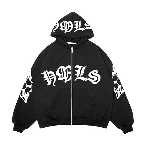 SCLEROPAGES Zip Up Jacke Y2K Hoodies Vintage Übergangsjacke Reißverschluss Mantel 90er E-Girl Oversized Kapuzenjacke Skelettdruck Unisex Harajuku Gothic Streetwear (Schwarz-5,3XL) von SCLEROPAGES