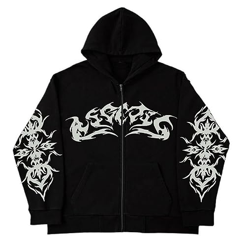 SCLEROPAGES Zip Up Jacke Y2K Hoodies Vintage Übergangsjacke Reißverschluss Mantel 90er E-Girl Oversized Kapuzenjacke Skelettdruck Unisex Harajuku Gothic Streetwear (Schwarz-6,4XL) von SCLEROPAGES