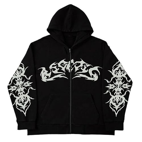 SCLEROPAGES Zip Up Jacke Y2K Hoodies Vintage Übergangsjacke Reißverschluss Mantel 90er E-Girl Oversized Kapuzenjacke Skelettdruck Unisex Harajuku Gothic Streetwear (Schwarz-6,M) von SCLEROPAGES