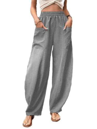 Sommerhose Damen Casual Leinen Leicht Freizeithose mit Taschen Loose Gerade Hose Kordelzug Taille Sommerhose Einfarbig Straight Weite Haremshose (Grau,XXL) von SCLEROPAGES