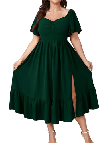 SCOMCHIC Damen-Maxikleid für Hochzeitsgäste, Cocktailkleid, Herzausschnitt, kurze Ärmel, gesmokt, Rüschenschlitz, Smaragdrün, XX-Large Mehr von SCOMCHIC